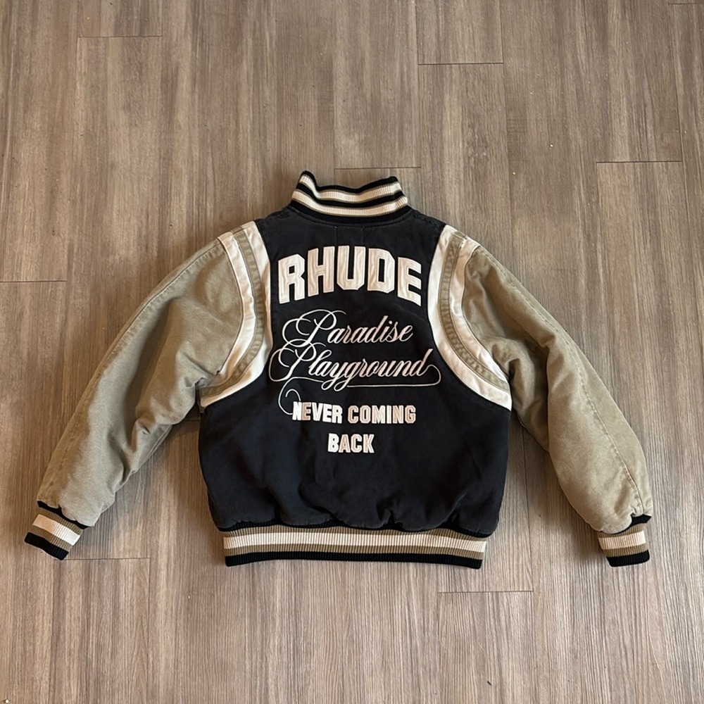 NWT Rhude Paradise Playground Black and Tan Varsity Jacket